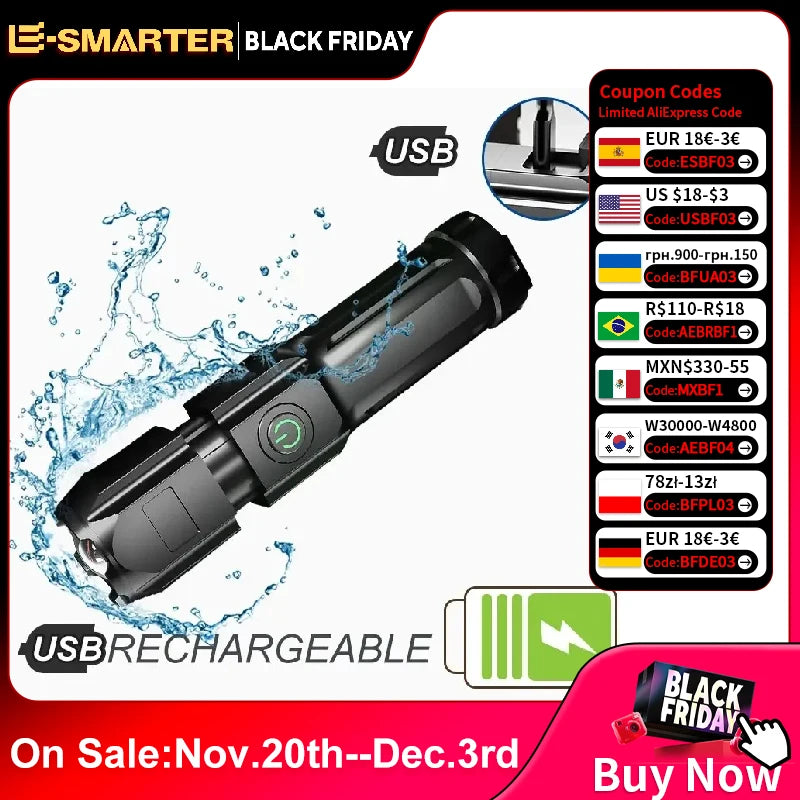 Powerful LED Flashlight Rechargeable USB Built-in Lithium Battery Waterproof Zoom Fishing Hunting Camping Tactical Flashlight