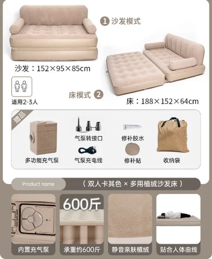 Modern Double Camping Inflatable PVC Sectional Sofa Bed with Full Hair Backrest Foldable Travel for Outdoor Living Room