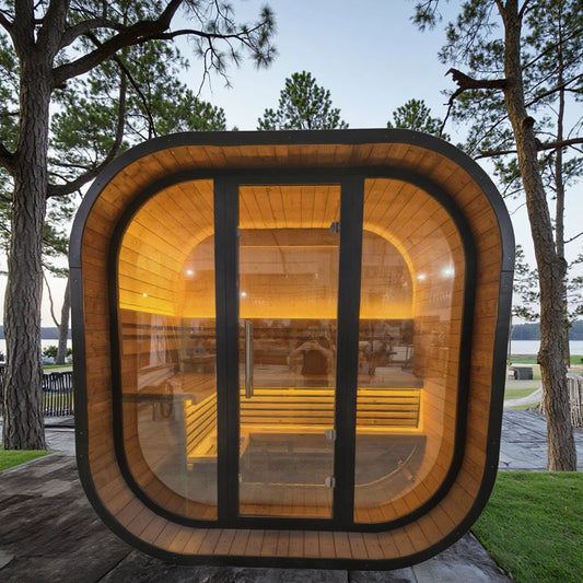 Premium Spruce Square Sauna Kit with Panoramic Glass Front & Stainless Steel Heater